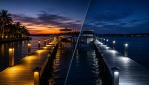 LED vs traditional dock lighting on a Florida waterfront, comparing modern energy-efficient LED lights with traditional dock lighting.