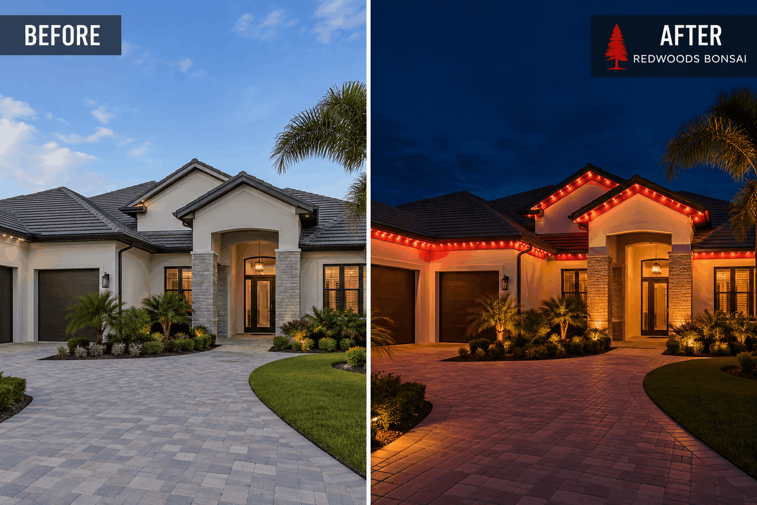 Before and After permanent outdoor lighting